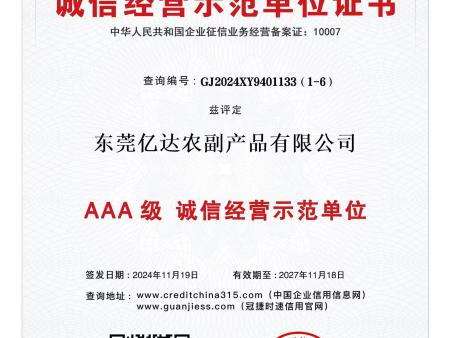 诚信经营示范单位证书
