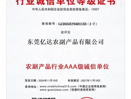 行业诚信单位等级证书